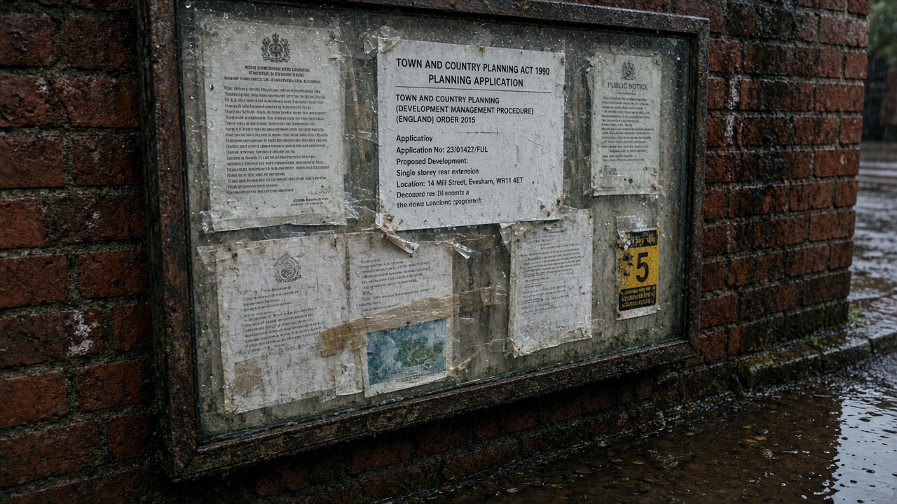 Rain-soaked civic noticeboard on a brick wall, stacked with official papers.